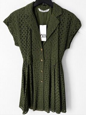 Zara Olive Eyelet Shirt Mini Dress with Belt